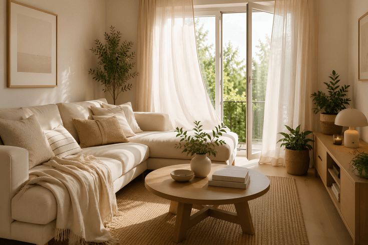 Living cálido con sillón, almohadones y cortinas de gasa hechos a medida por La Parra
